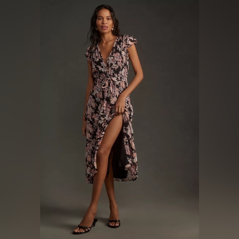 PAIGE Black and Pink Floral Midi Dress